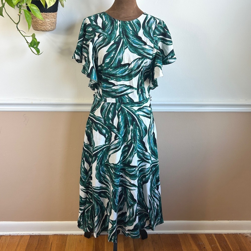 Who What Wear Green Tropical Banana Leaf Flutter Sleeve Midi Dress Small